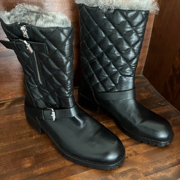 VERO CUOIO Black Leather Boots Diamond Pattern Fur-Lined Ankle Boot Sz 6M - Picture 1 of 9